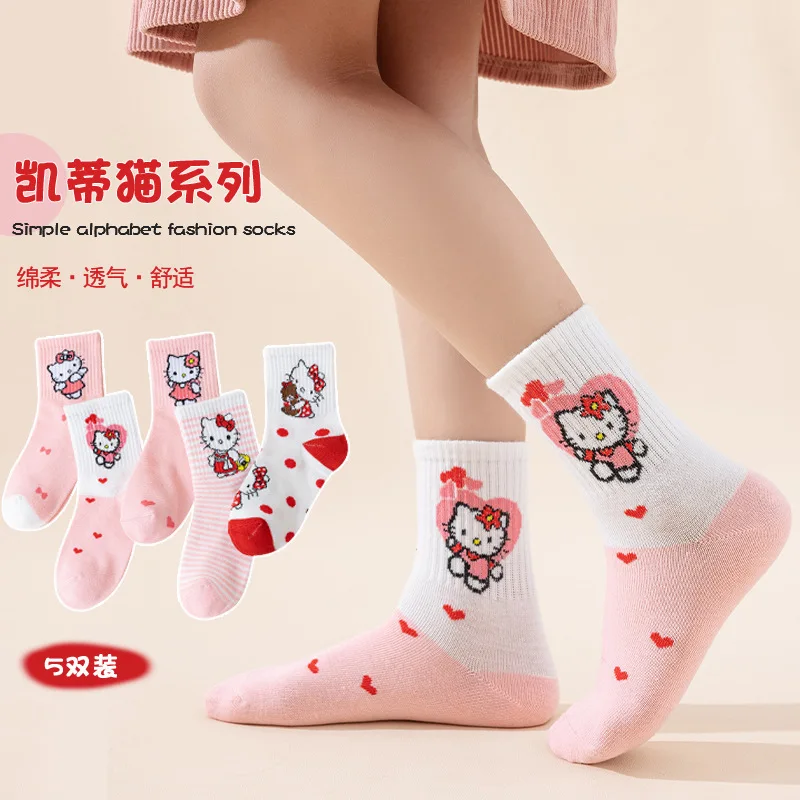 Cartoon kitten 5 Pairs Pure Cotton Soft Student Socks pink Girls Socks Middle Tube Sock For 5-8Year - Image 3
