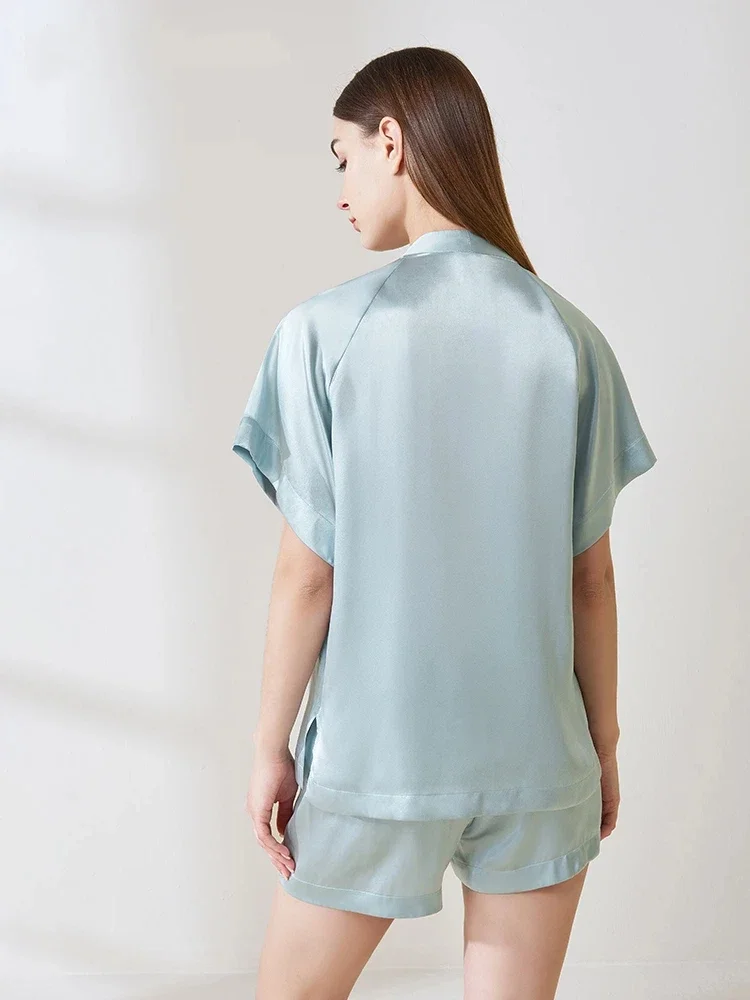 19 مللي متر الحرير التوت الحقيقي المرأة الصيف قصيرة الأكمام السراويل بيجامة دعوى بلون الخامس الرقبة سترة التلبيب المتسكعون بيجامة غير رسمية