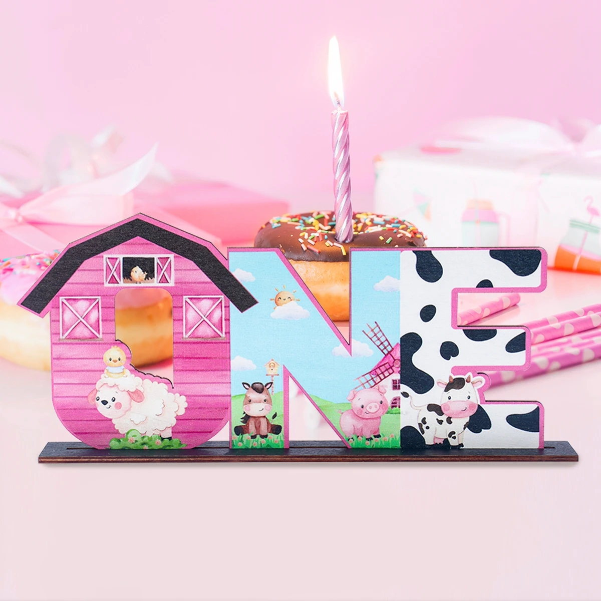 Farm Animals ONE Letter Sign Wooden Table Centerpiece for Baby Girls Milk Cow Stripe 1st Birthday Table  Decoration Photo Props