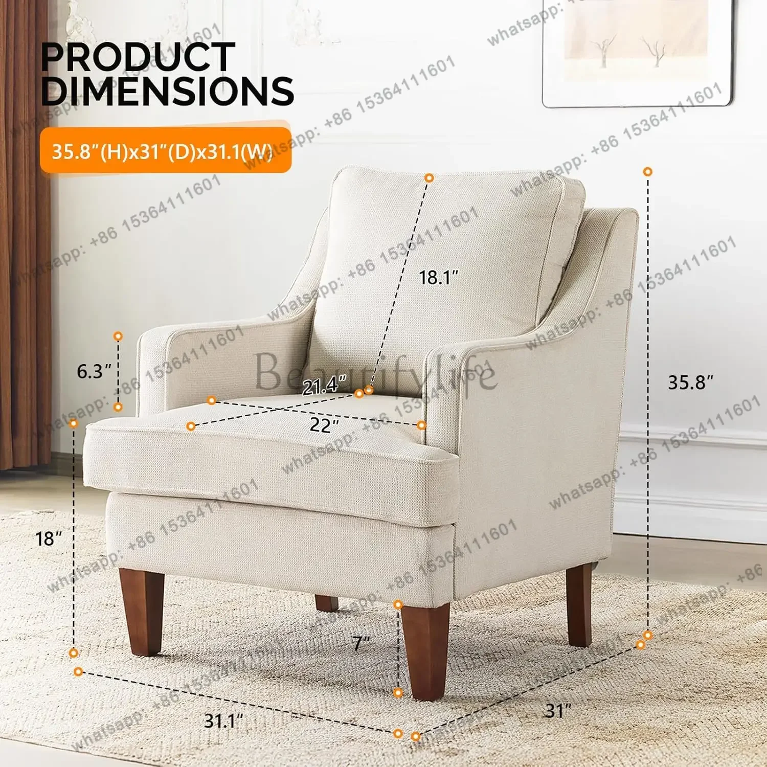 yj58 Modern Accent Chairs Set of 2, Beige Upholstered Armchair Comfy Sofa Chairs Reading Chair