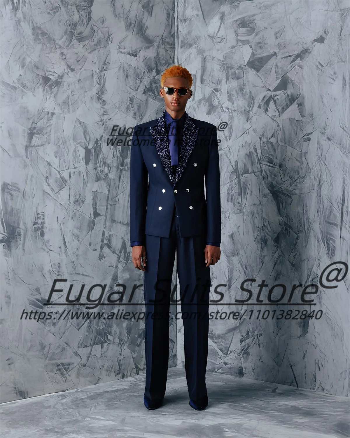 Handsome Navy Blue Prom Suits For Men Slim Fit Diamonds Peak Lapel Groom Tuxedos 2 Pieces Sets Fashion Male Blazers Ropa Hombre