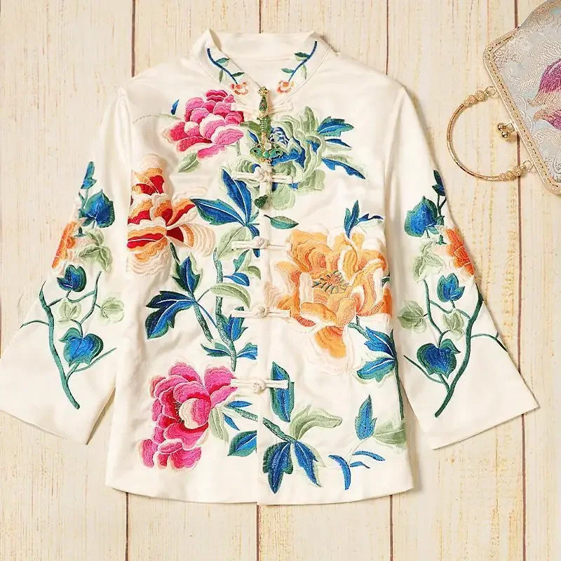 Peony Flower Embroidery Vintage Tang Suit Jacket Women Long Sleeve Single-breasted Loose Stand Collar Chinese Style Outerwear CN