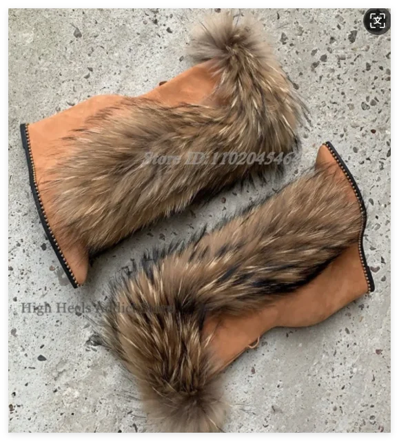 Black/Nude Fur Wedges Leather Mid Calf Boots 2024 Winter New in Warm High Heels Lace up Sexy Boot Big Size Designer Women Shoes