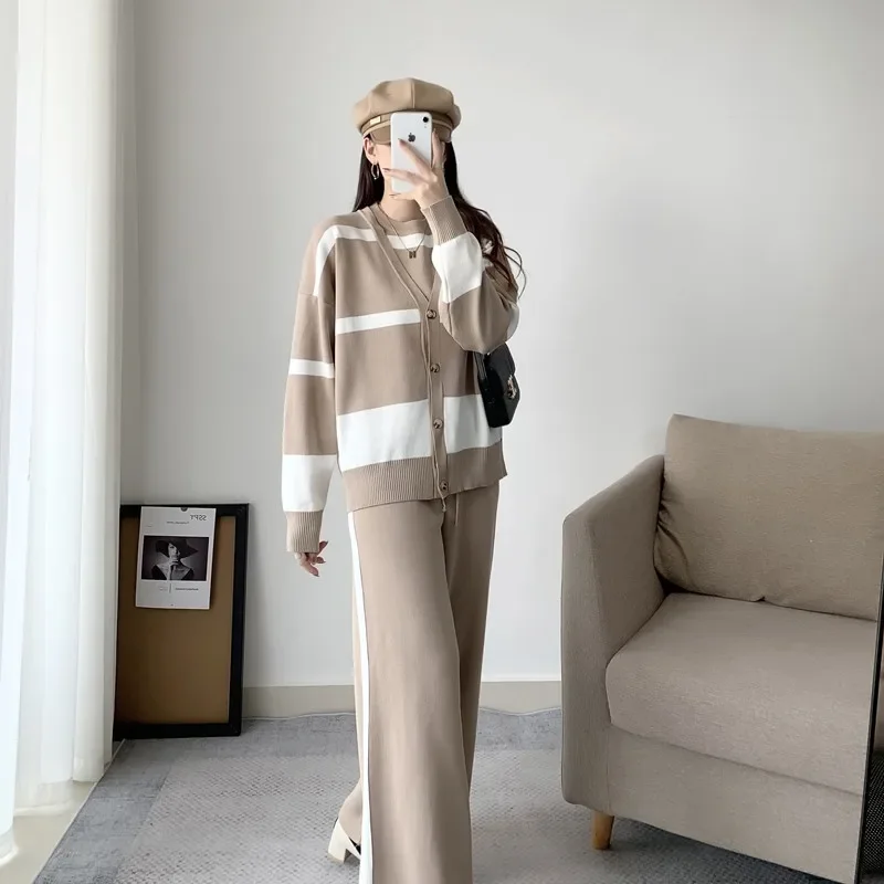 Striped Knitted 3 Piece Sets Womens Outfits 2023 Casual Sleeveless Vests Chic Long Sleeve Cardigan Loose Pant Sets