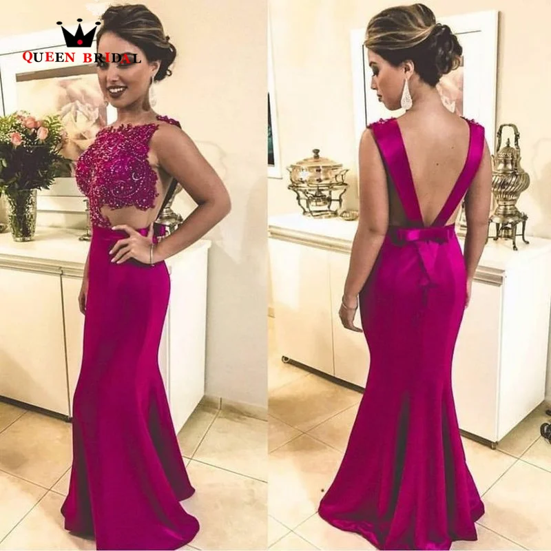 Fuchsia Mermaid Prom Dresses Sexy Open Back Beaded Lace Robe De Soiree Satin Floor Length Formal Party Dresse FS03