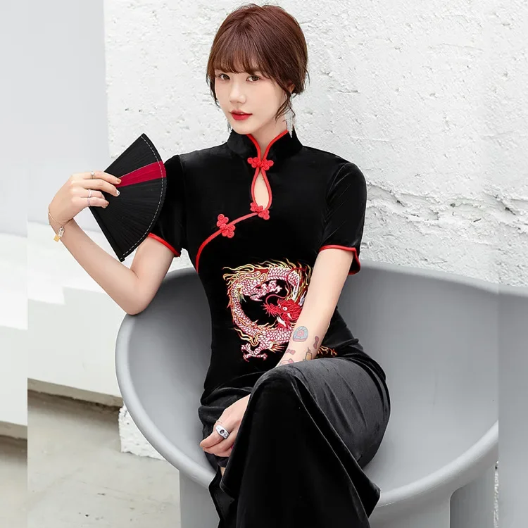 

Sexy Slim Long Qipao Cheongsam Black Retro Traditional Chinese Dress Female Elegant Novelty Mandarin Collar Improved Vestidos