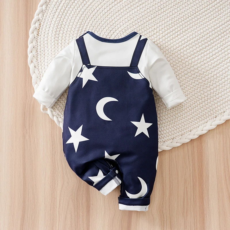 Newborn Baby Romper Long Sleeve Navy White Star Moon Print Fake Two-Piece Suspender Style Jumpsuit Infant Boys Casual Onesie