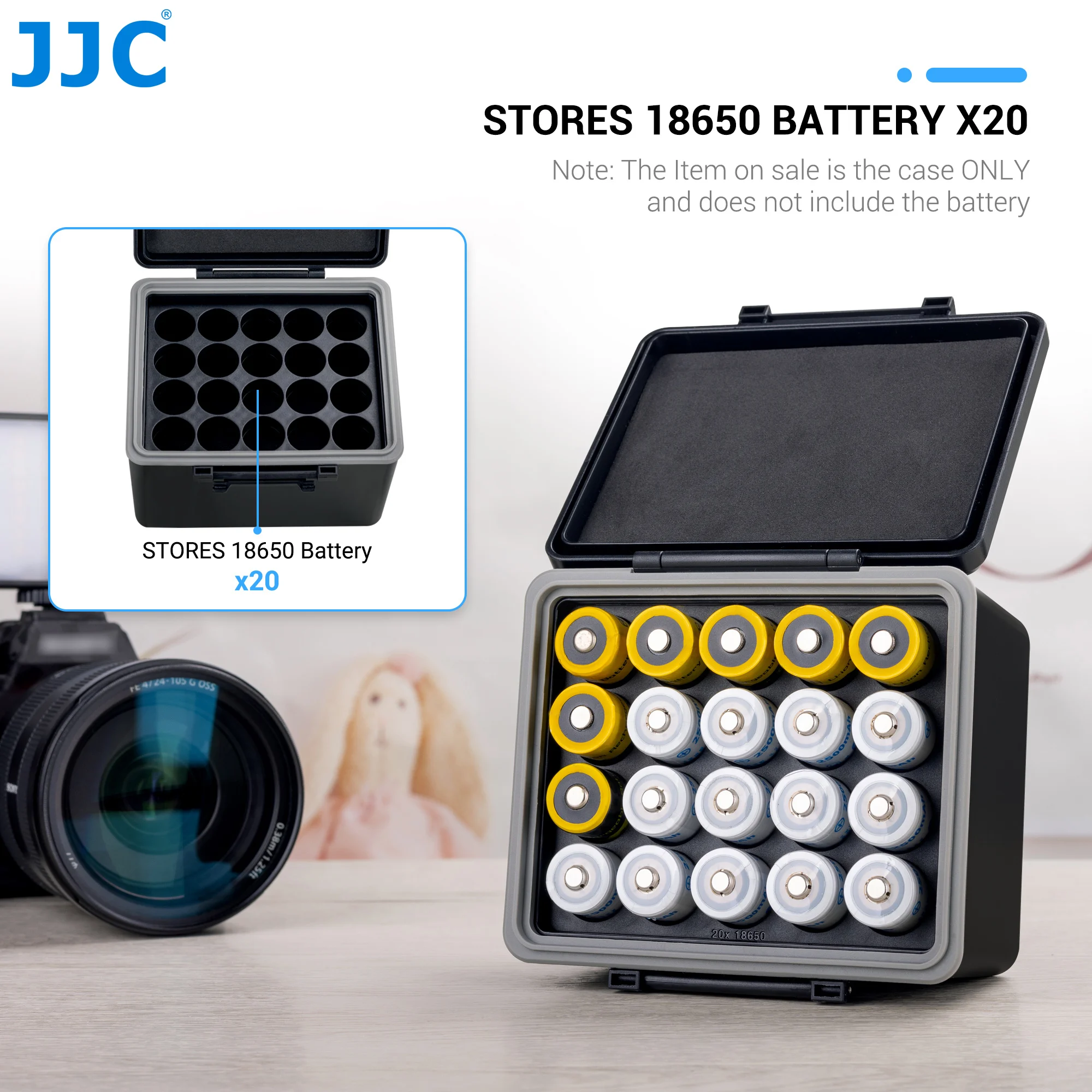 JJC 20 Slots 18650 Container Battery Case Holder Weterproof Hard Shell Battery Box Organizer Anti-static Batteries Holder Black