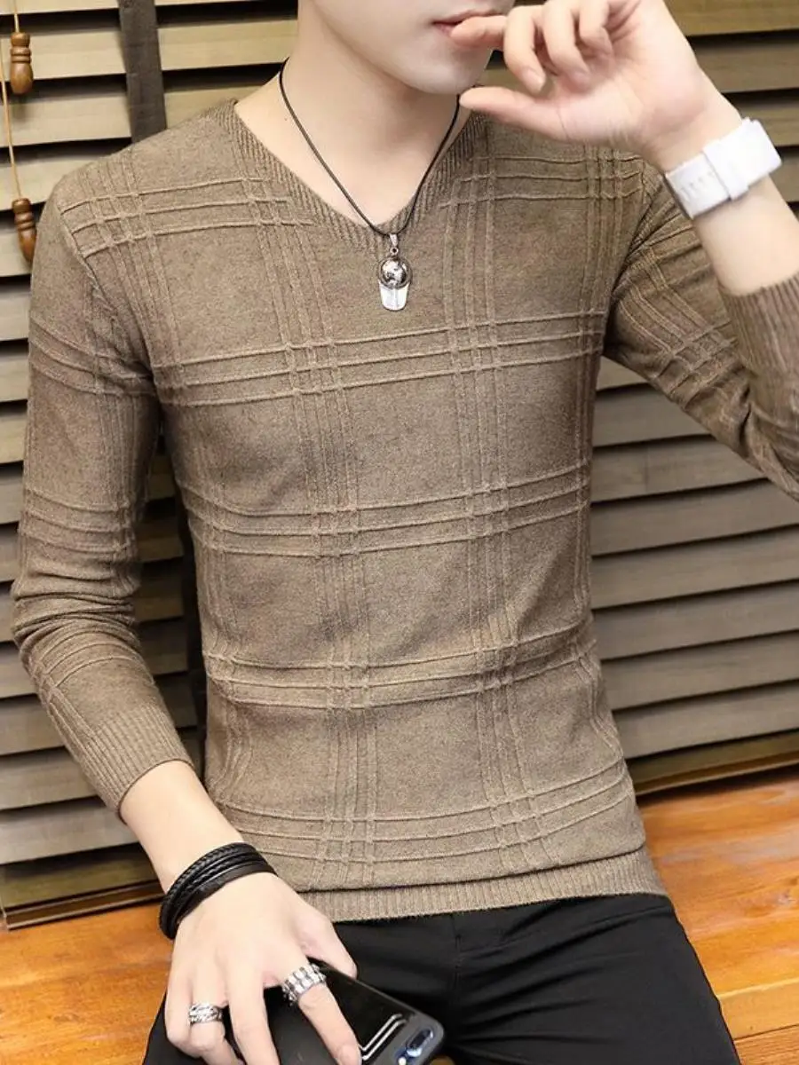 

Мужской тонкий трикотажный джемпер Slim Fit с V-образным вырезом, модный корейский повседневный лонгслив для студентов, зимний сезон, стандартная длина