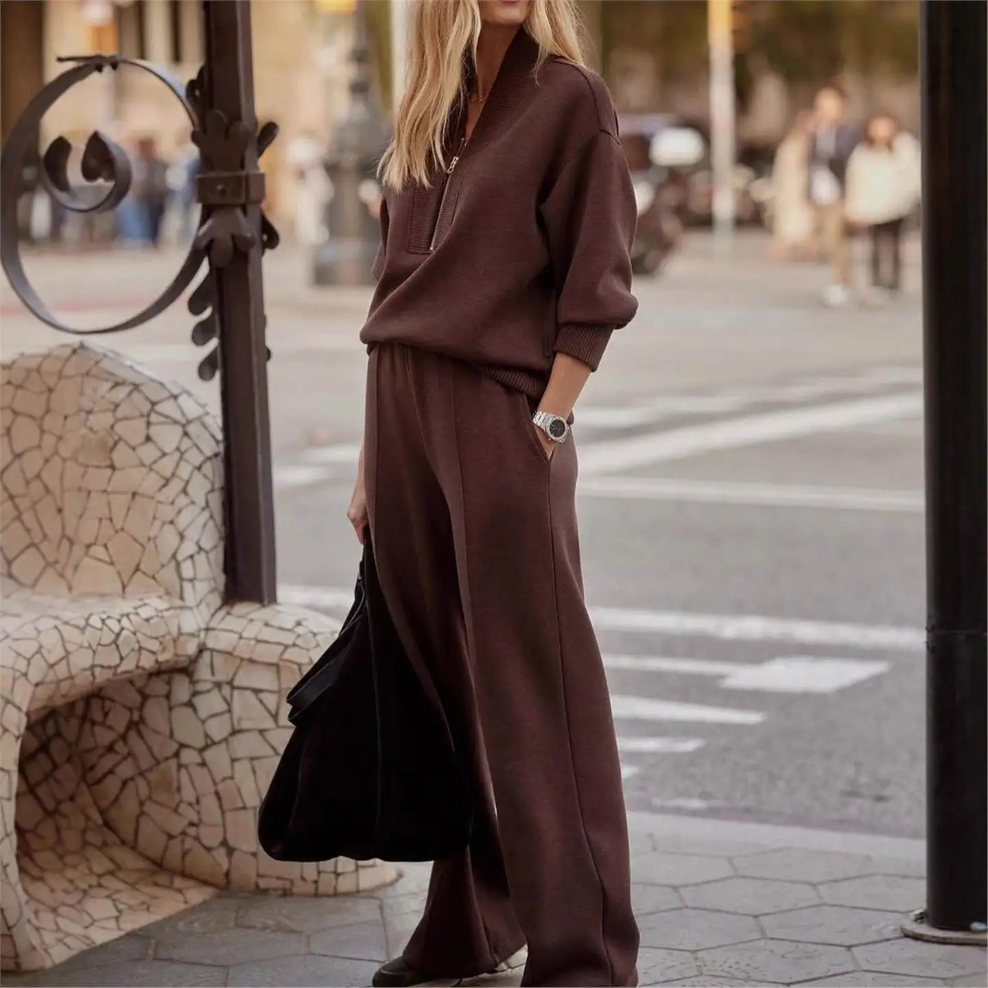 Fashionable Casual Knitted Women's Zipper Two-Piece Set Autumn 2025 New Cross-Border Simple Design Comfortable Polyester
