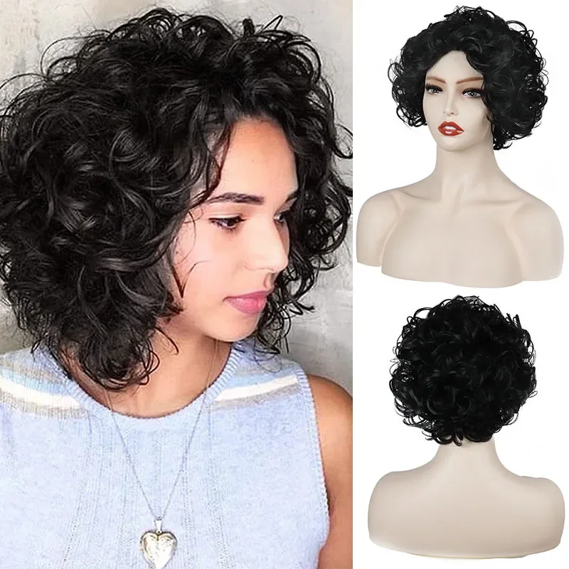 Synthetic wigs Short Curly For black/White Women Heat resistant With Natural Part Side Brown Daily Cosplay