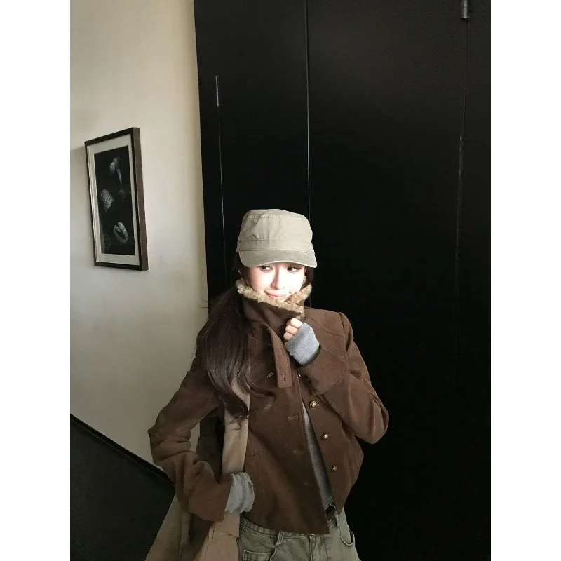

YYAHAHAS 2025 Autumn New Fur Collar Stand Up Collar Design Jacket Top Korean Version Retro Solid Color Versatile Short Coat