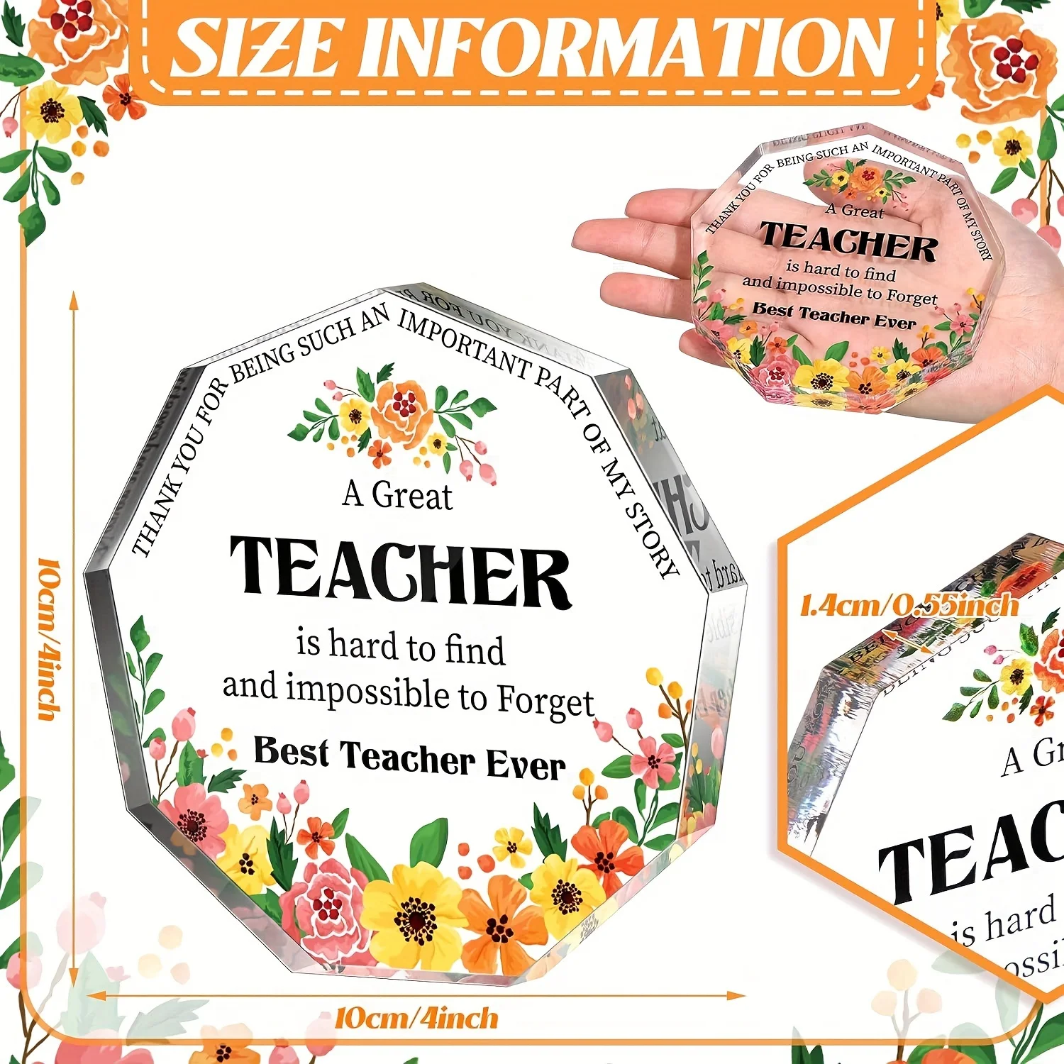 Best Teacher Ever Acrylic Hexagonal‑style Table Sign, Thank‑You Floral Printed Keepsake Ornament, Sentimental Thanksgiving