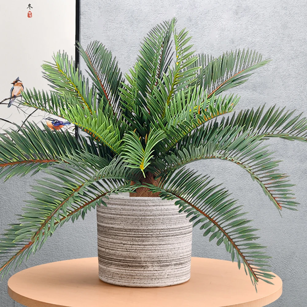 45cm 21 Leaves Artificial Palm Plants Fake Coconut Tree Plastic Sago Cycas Leaves Tropical Outdoor Plants For Home Garden Decor