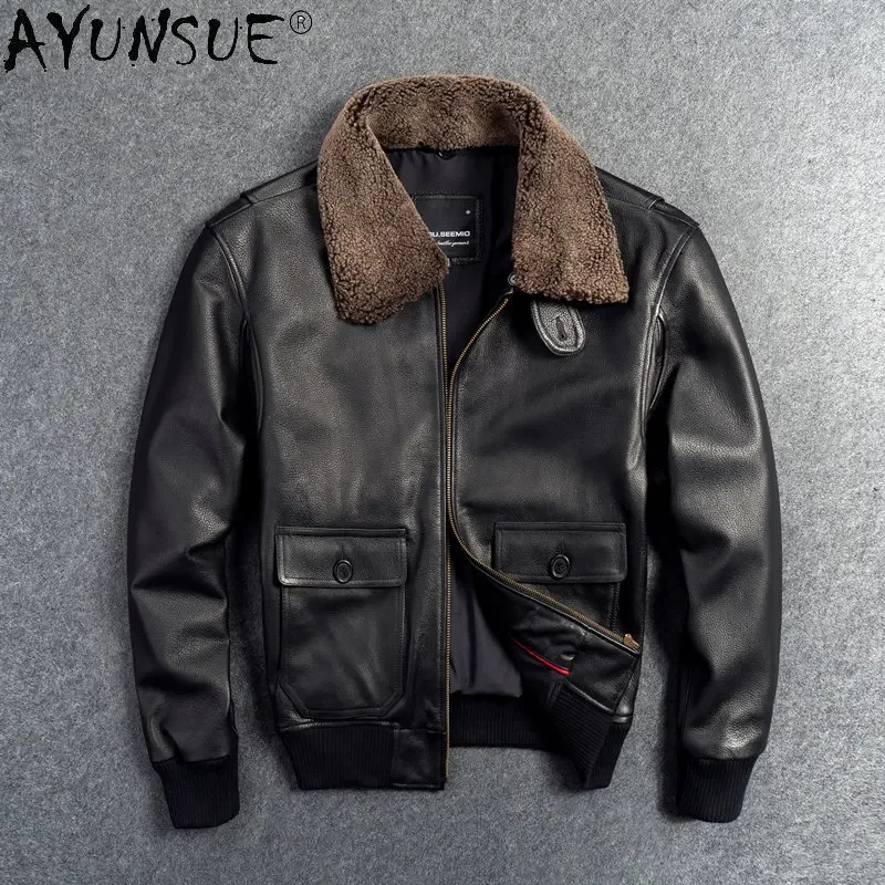 Genuine Leather Jackets Men 2022 New Fall Winter First Layer Cowhide Coats Mens Fur Collar Motorcycle Jacket Male Flight Suit