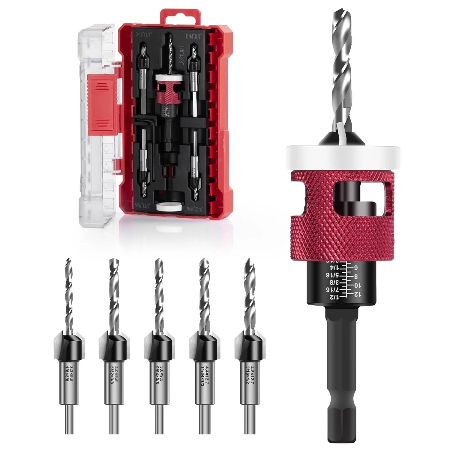 

5 шт., набор сверл с зенковкой для деревообработки с ограничителем глубины, быстросменные сверла по дереву, HSS M2, конические сверла для деревообработки