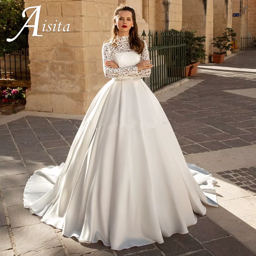 

A-Line Elegant High Neck Wedding Dresses Satin Bridal Gowns Lace Long Sleeves Appliques Vintage Princess Bridal Gown Customized