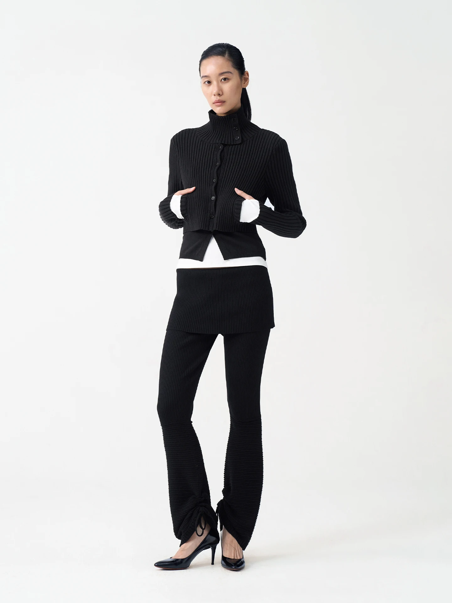 

Bla Knitted Elastic Casual Pants Women High Waist Flared Legs Simple Sle Polyester Rayon Nylon Wool Silk Blend Casual Tro...