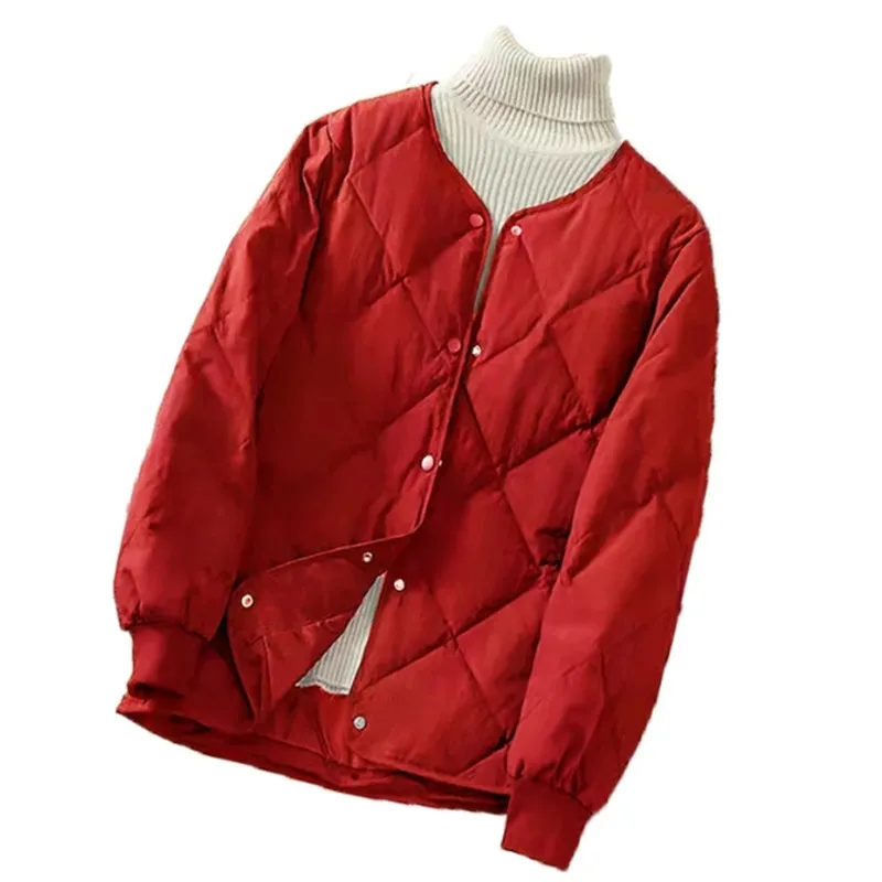 

Autumn Winter Short Down Cotton Jacket Women New Loose Round Collar Thin Coat Covered Button Outerwear Pure Colour Tops Female