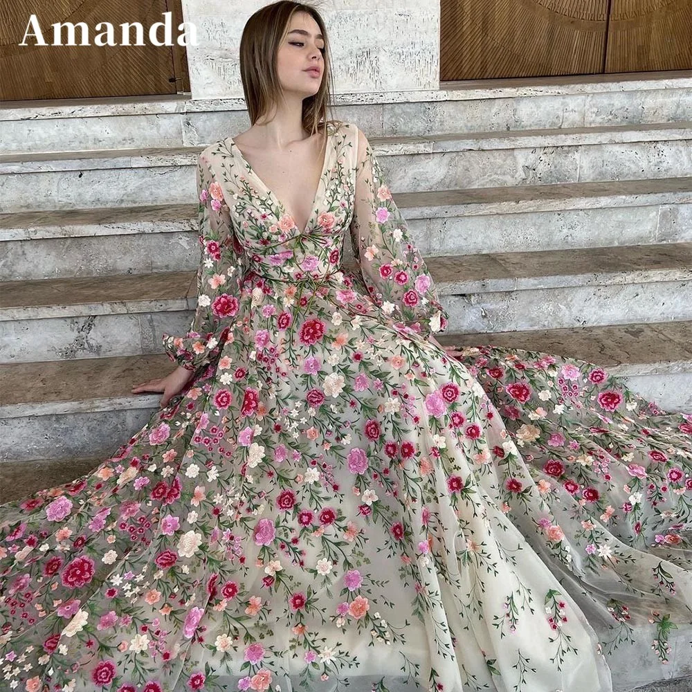 Vestido de fiesta de manga abullonada con estampado 3D de princesas y flores, traje de baile de graduación con corte en A, 2023