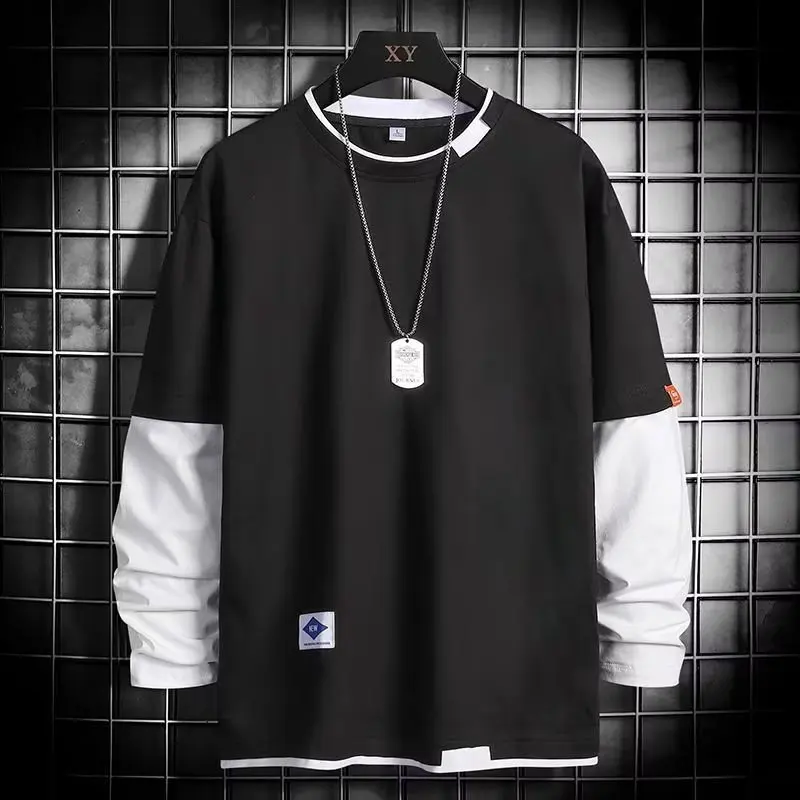 Men's Long Sleeve T-Shirt Fake Two-Piece Hoodie Thin Style Autumn Fashion Korean round Neck Cotton Polyester Pure Color Youth...