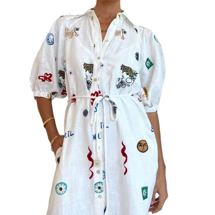 2024 Summer Women\'s Personalized Graffiti Lantern Sleeve Cardigan Casual Fashion Printed Shirt Dress White Dress Women