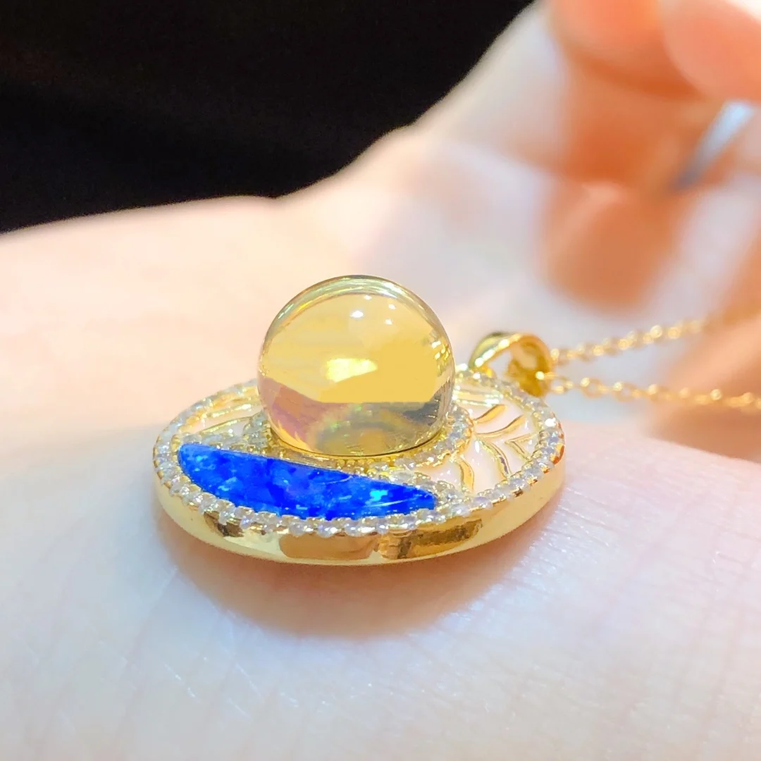 Vintage Mexican Blue Amber Pendant 8mm Round Sterling Silver with Symmetric Enamel Design Fine Jewelry Gift for Women