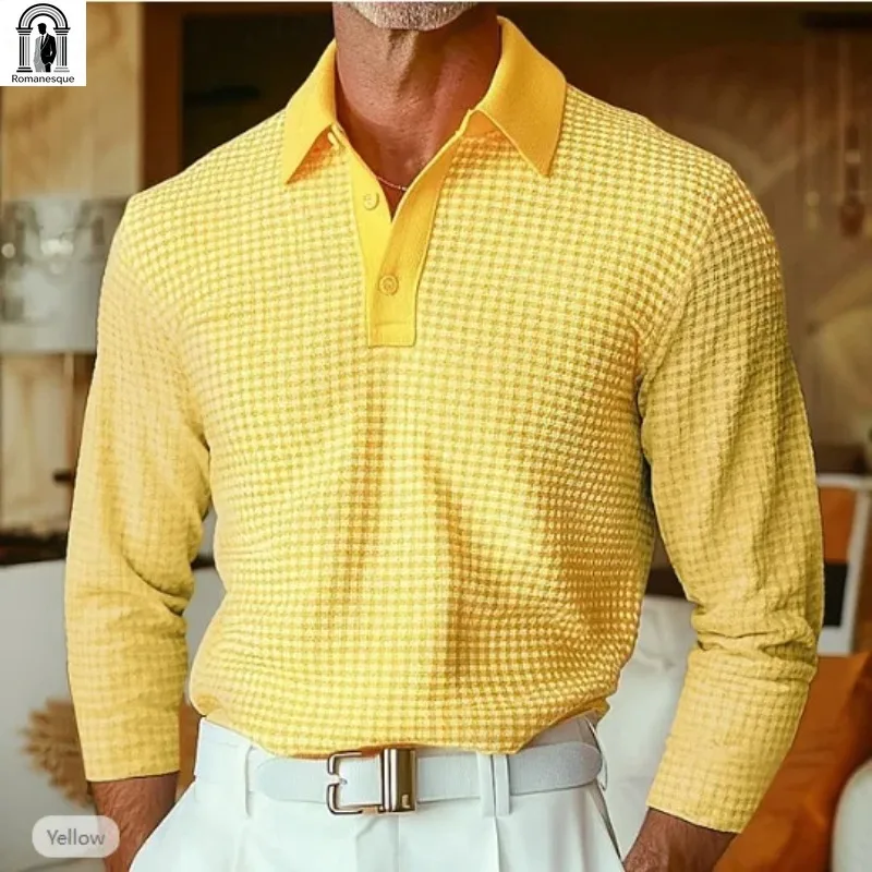 

Men's Casual Textured Polo Shirt, Long Sleeve Solid Color Knit Top, Slim Fit Breathable Pullover for Autumn Streetwear