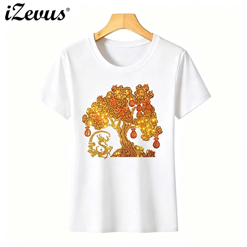 IZEVUS New summer fashion women's ice silk cotton round-neck short-sleeved casual T-shirt with rhinestone Chinese style pattern