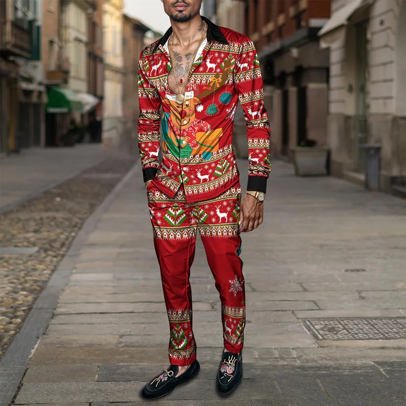 2025 أنيق الربيع الصيف الرجال قميص مجموعة عيد الميلاد طباعة موضة الزنجبيل رجل 2 قطعة مجموعة رجالي ثلج خفيفة الوزن الطرف