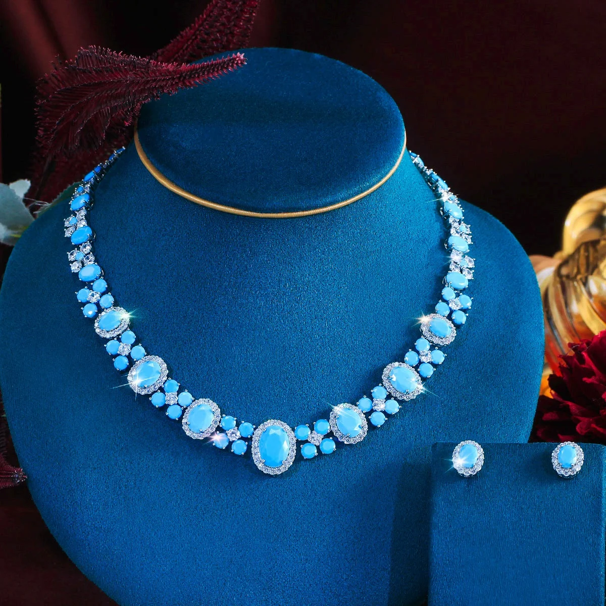 Pera Gorgeous Shiny Light Blue Oval Turquoise Pave Bridal Necklace Earrings Wedding Jewelry Sets for Brides J004