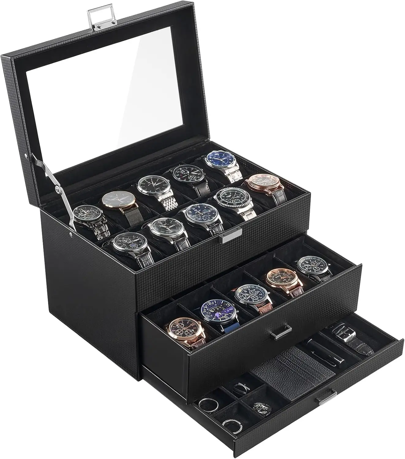 20 Slot Watch Box for Men, 3-Layer Watch Display Case with Glass Lid, Jewelry Storage Organizer with Drawer, PU Leather