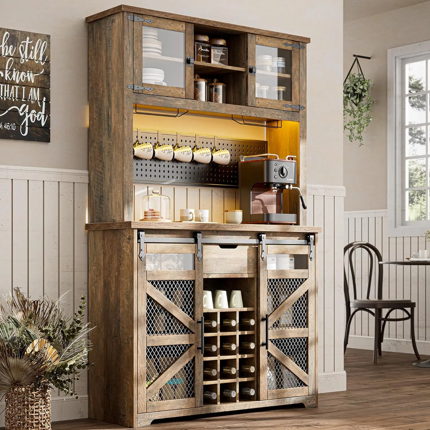 Armoire de café-bar de ferme avec prise de courant, lumière LED, panneau de cuisine avec clapier avec 13 étagères de rangement, 12 vins T1, 70 en effet