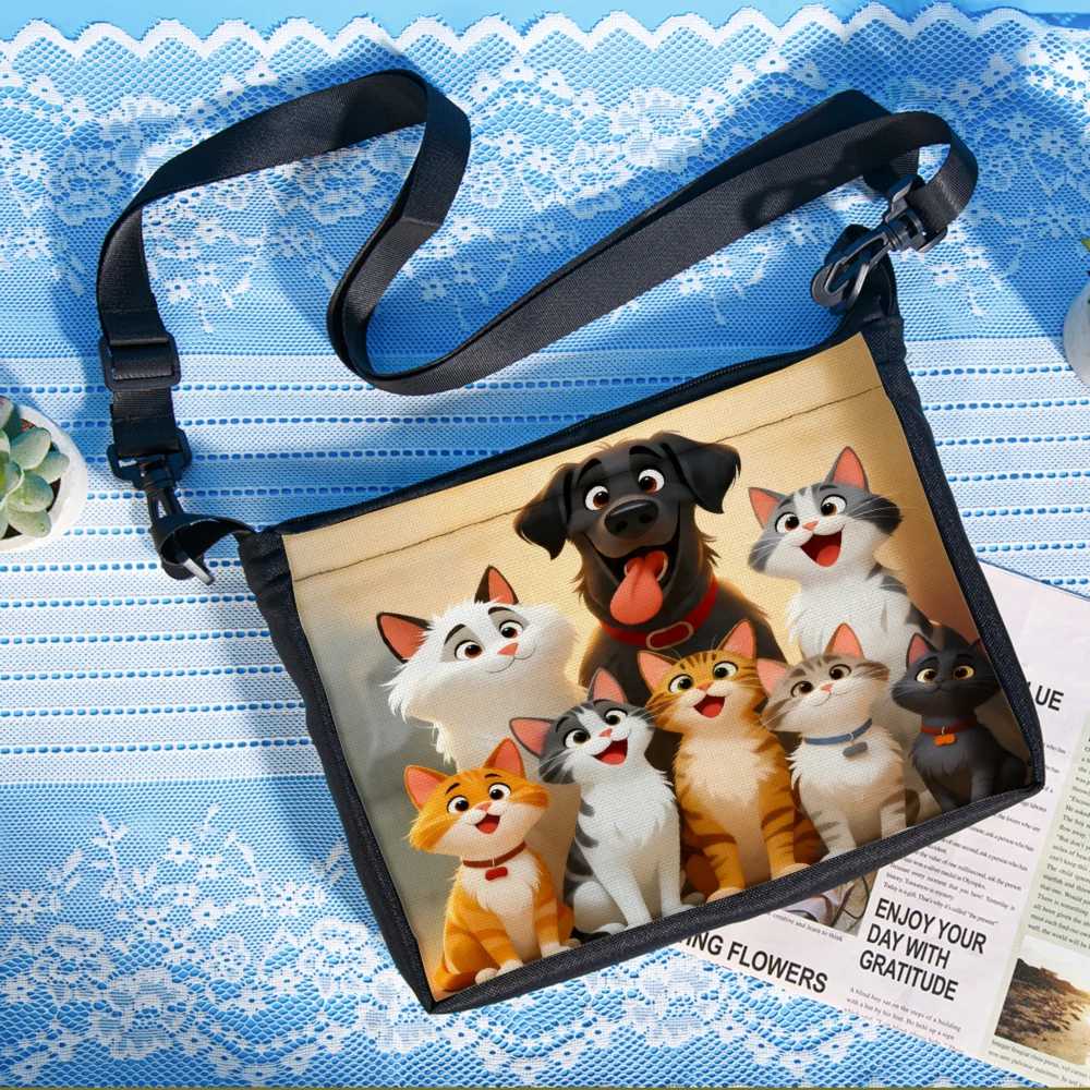 1pc Cartoon Animal Print Crossbody Bag Beige Dog And Cats Pattern Shoulder Bags For Women Girls School Travel Daily Use Casual F
