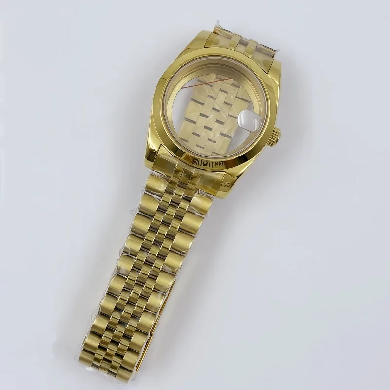 For NH35 Case Strap Set 36MM/39MM for Log Oyster Dog Tooth Ring Full Gold Case Set Sapphire Glass