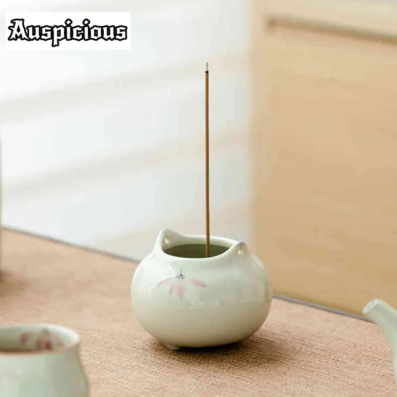Pure Hand-painted Pink Orchid Incense Burner Retro Grass Wood Ash Double Ear Thread Fragrance Sandalwood Furnace Home Decoration