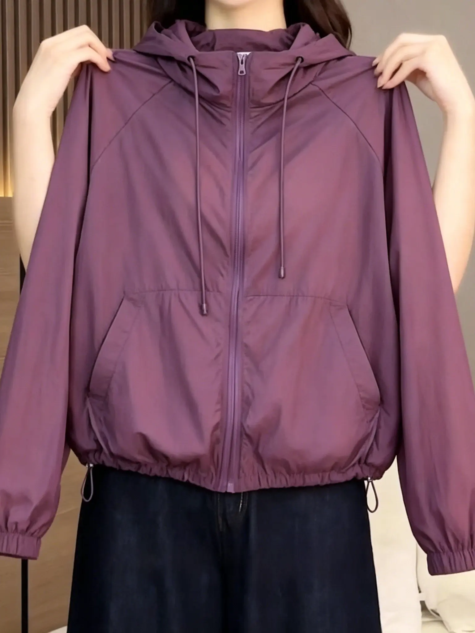 

Women's Summer Outdoor Casual Hooded Sun Protection Clothing Anti-Uv Zipper Open Cardigan Top Breathable Long Sleeve