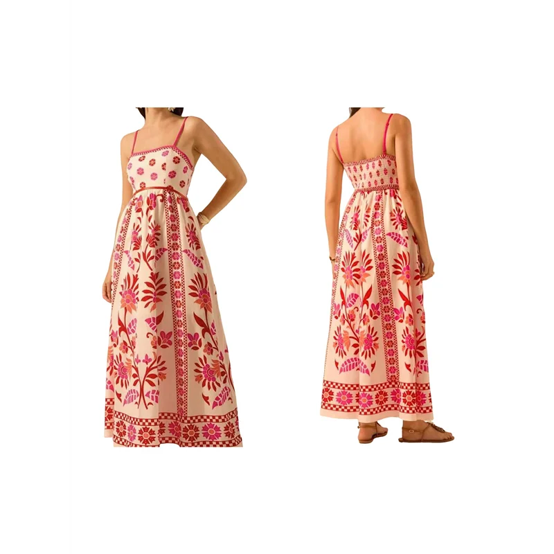 ABP-Vestito lungo floreale estivo da donna 2025, senza maniche, con cinturino per spaghetti, abito lungo da spiaggia Boho smock stampato