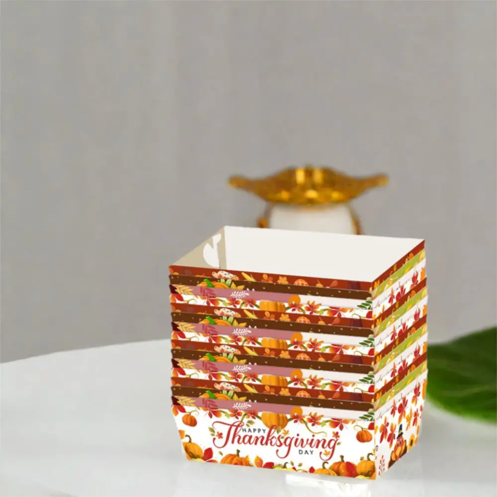 12pcs Mini Snack Paper Boxes Rectangular Pumpkin Maple Leaf Print Disposable Baking Pans Thickened Festival Dinner Plate