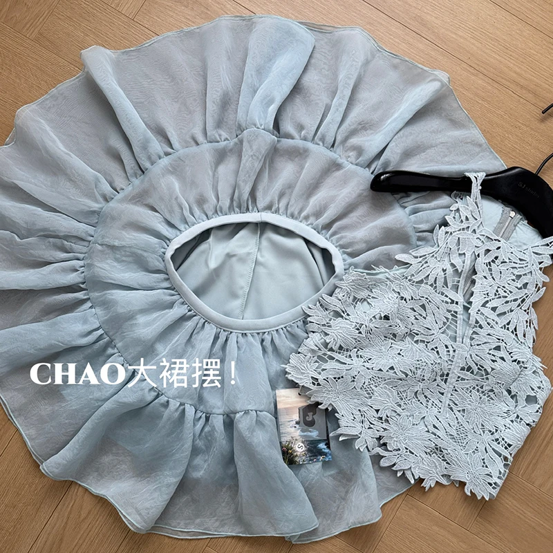 여름 레이스 속이 비치는 투피스 탑과 스커트 세트 한국 패션 캐미솔 민소매 크롭 탑 신축성 있는 허리 스커트 슈트