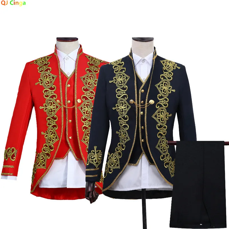 A Vintage-style Black Three-piece Men's Suit Featuring A Gold-embroidered Jacket and Vest Paired with Trousers.