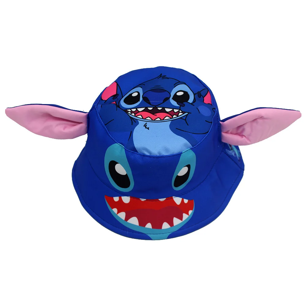 Niedlicher blauer Eimerhut mit Stichmuster für Kinder, leichter Sonnenhut mit rosa großen Ohren, Cartoon-Outdoor-Fischermütze für Jungen und Mädchen