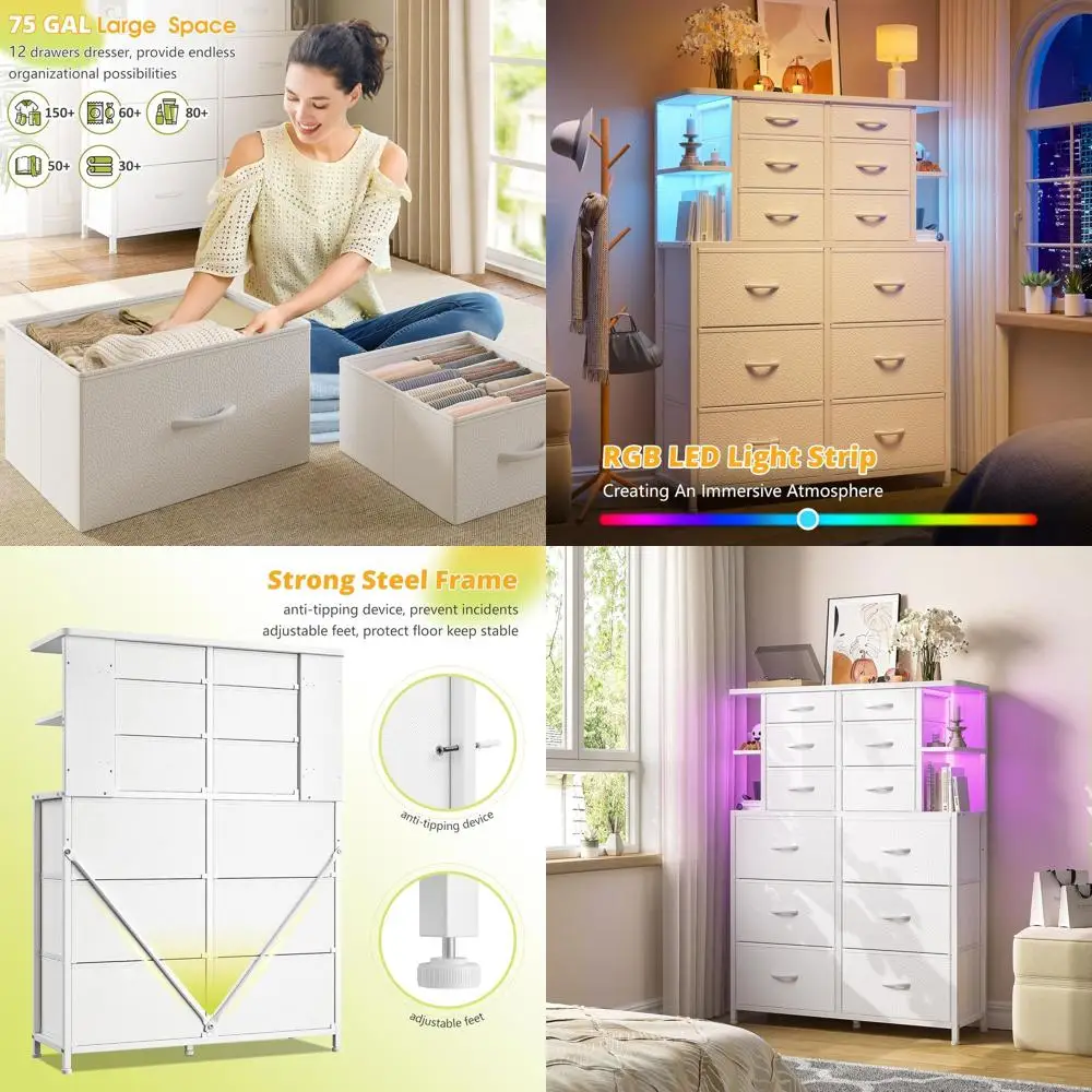 12-Drawer Bedroom Storage Unit with LED Lights, Fabric Drawers, and Chests for Living Spaces