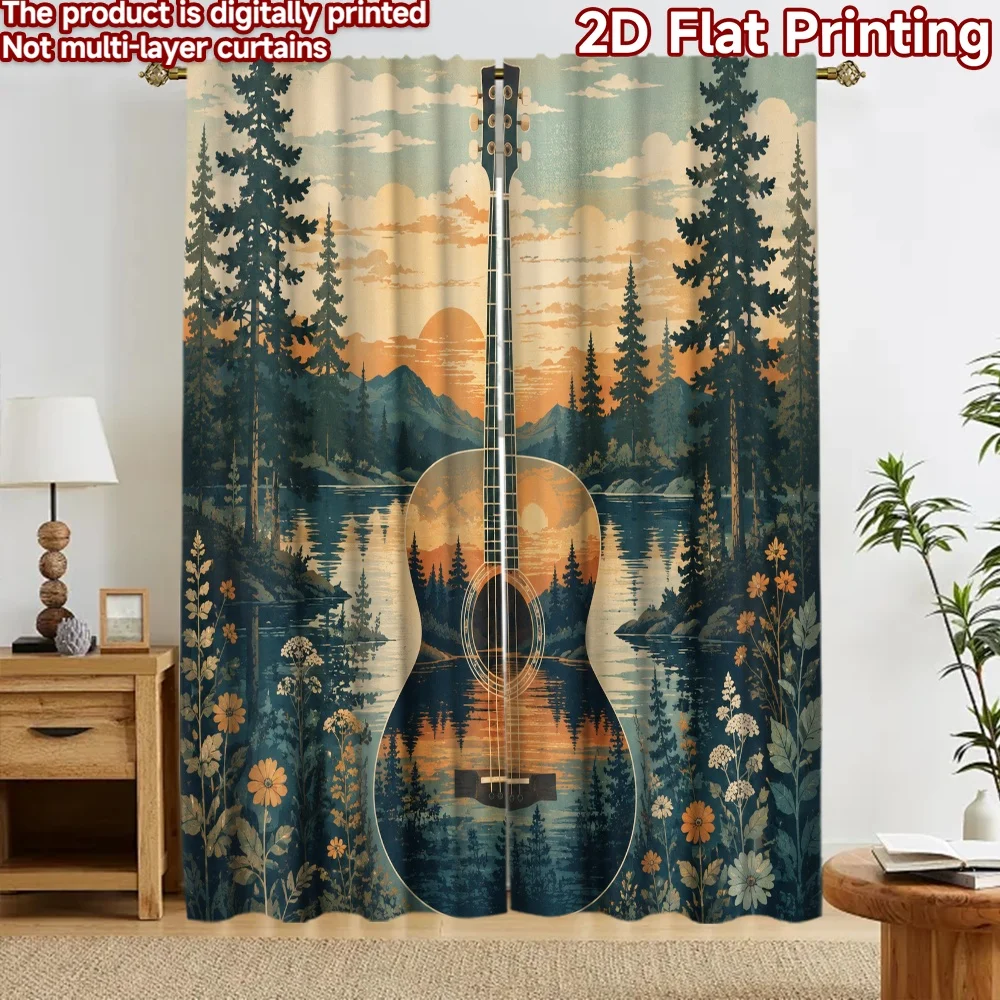 2D flat 2pcs Curtain Modern Minimalist Style Curtains Sunset Lake Guitar Digitally printed polyester, colorfast Party