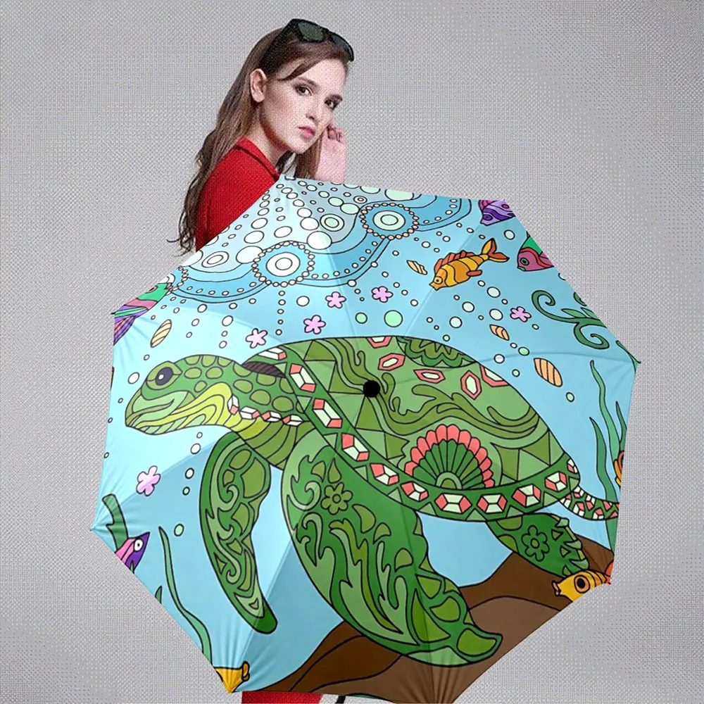 Colorful Sea Turtle and Fish Underwater Pattern Art Umbrella ,Portable Folding Umbrella, Gift for Family Friends