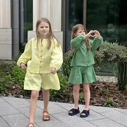 Childrens Sets Russia Girl Spring Autumn Hemp Shirt Shorts Children England Two Pieces Simple 2024 Round Collar Solid