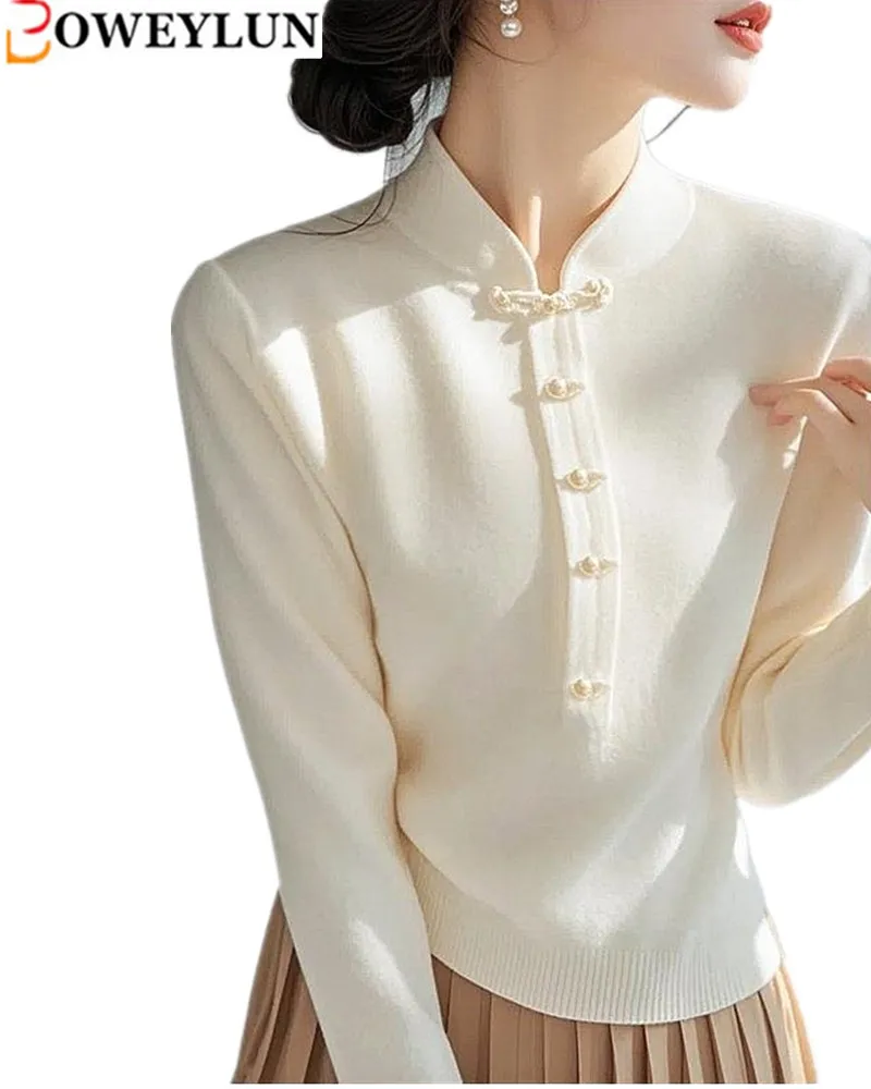 

BOWEYLUN New Chinese Style Autumn Stand-up Collar White Knitted Top Fashion Slim Inner Sweater Women