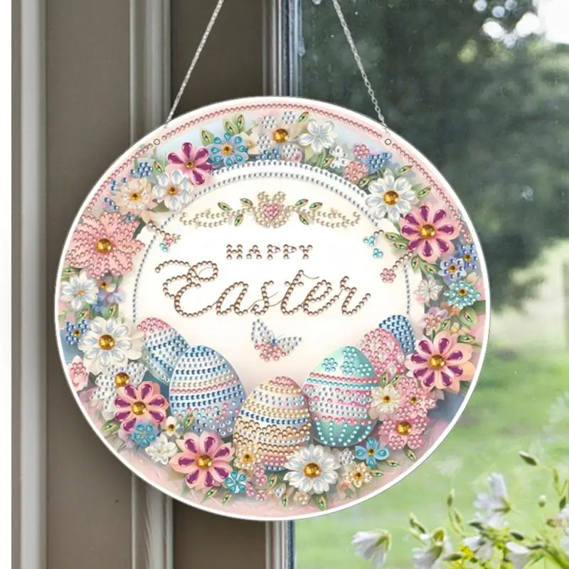 Easter Egg Crystal Art Kit Crystal Pendants Rhinestones Ornament Happy Easter Egg Flower Ornament Sign For Spring Easter Wall