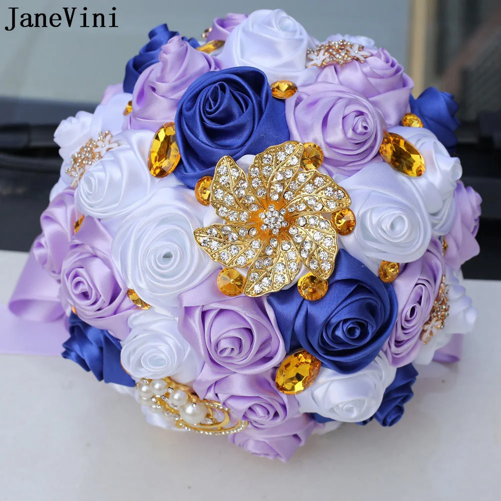 Janevini lindo roxo flores de casamento bouquets de noiva brilho ouro cristal artificial buquê de casamento pérolas noiva flor