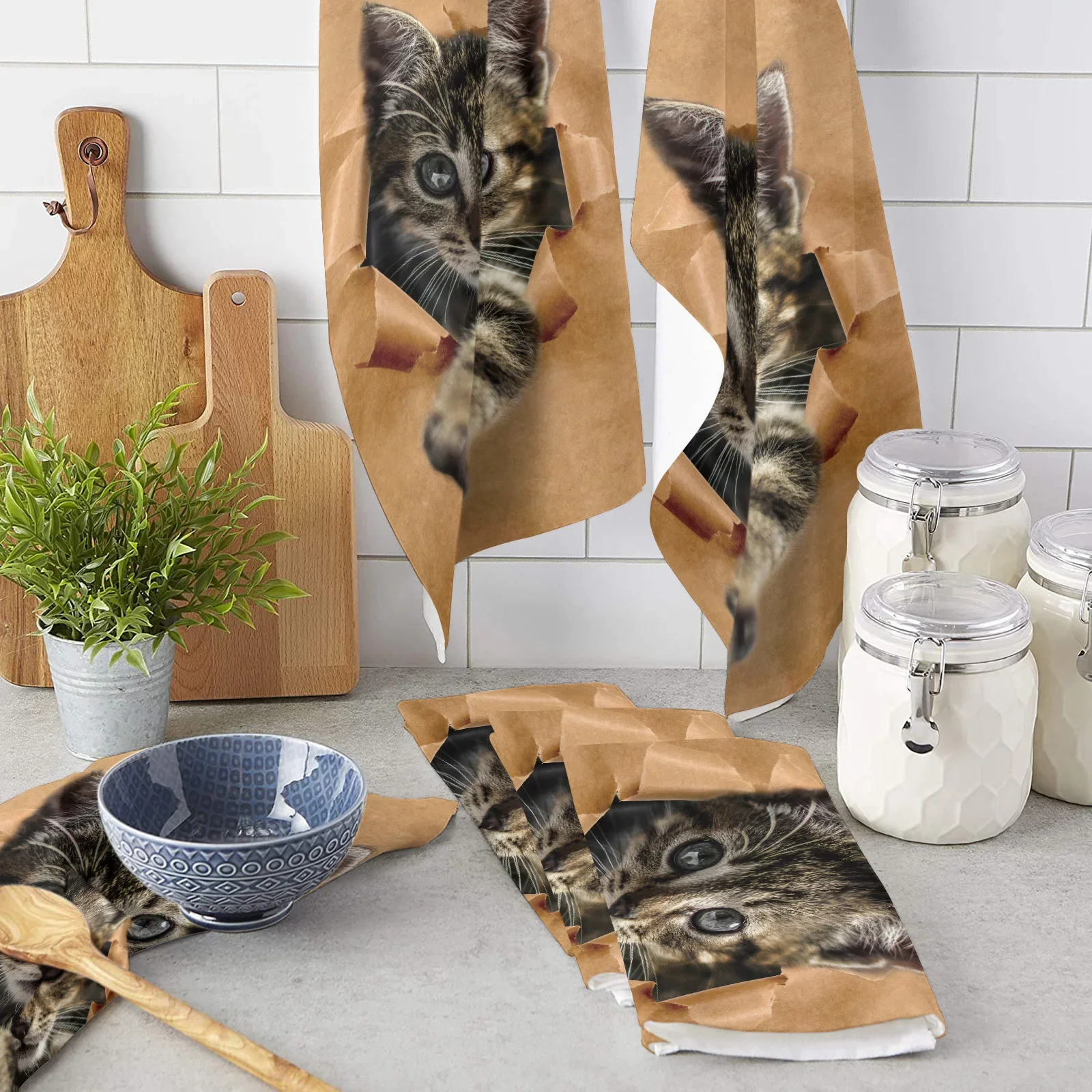 Pet Theme Cute Cat Microfiber Kitchen Hand Towel Dish Cloth Tableware Household Cleaning Towel Utensils for Kitchen